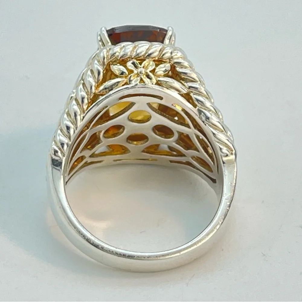 Silver Citrine & Gold Tone Ring | Large Faceted Gem Stone | 925 Sterling